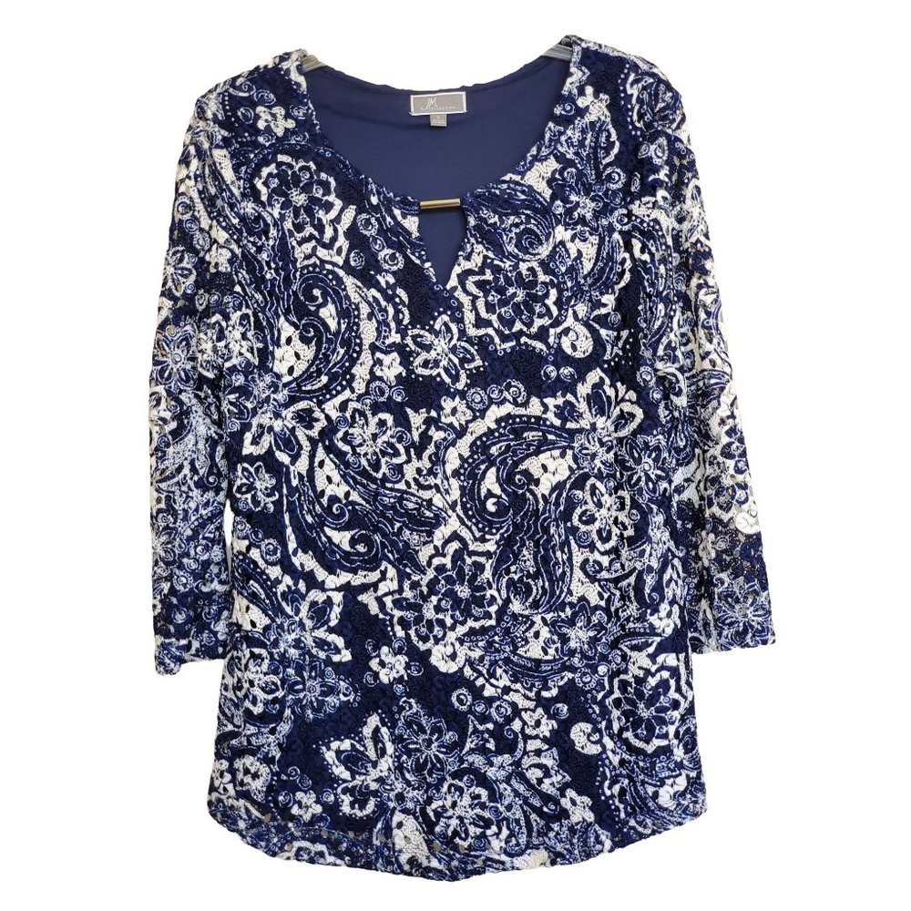 JM Collection Lace Top Navy & White Size Large